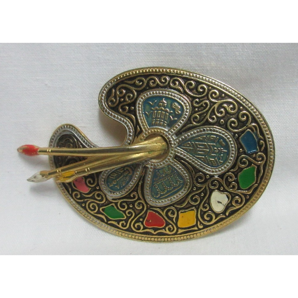 Damascene Artist Palette Spain Signed Brooch Pin Estate Jewelry Vintage